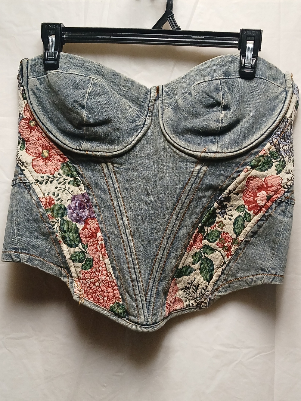 Fashion Nova Denim Floral-Panel Bustier Top - Blue